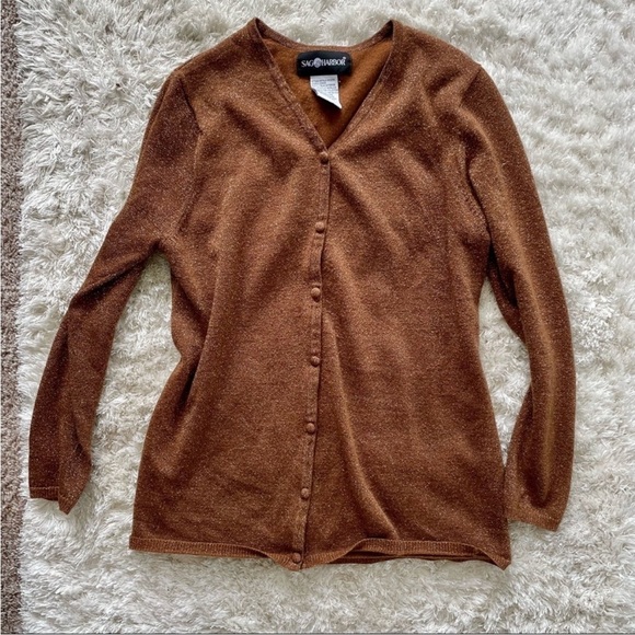 Sag Harbor Brown Gold Metallic Button Down V-Neck Cardigan - Picture 3 of 10